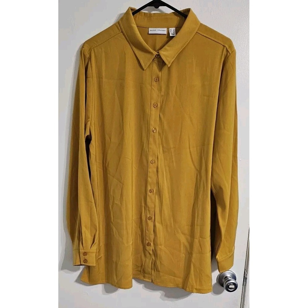 Susan Graver Women Button Up Shirt Large Mustard Mature Minimalist Dressy Career